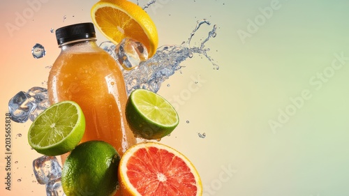 Juice bottle with citrus fruits and water splash