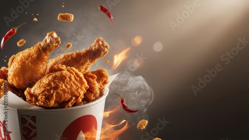 Spicy fried chicken in a bucket with flames and chili peppers