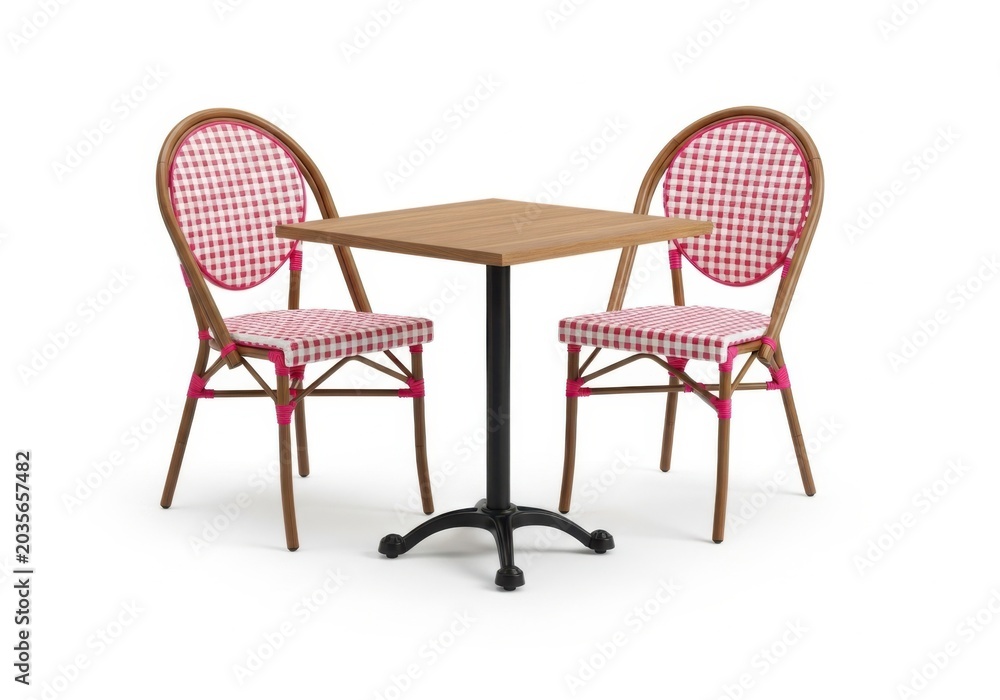 Fototapeta premium Bistro table set with two pink gingham chairs isolated on white background