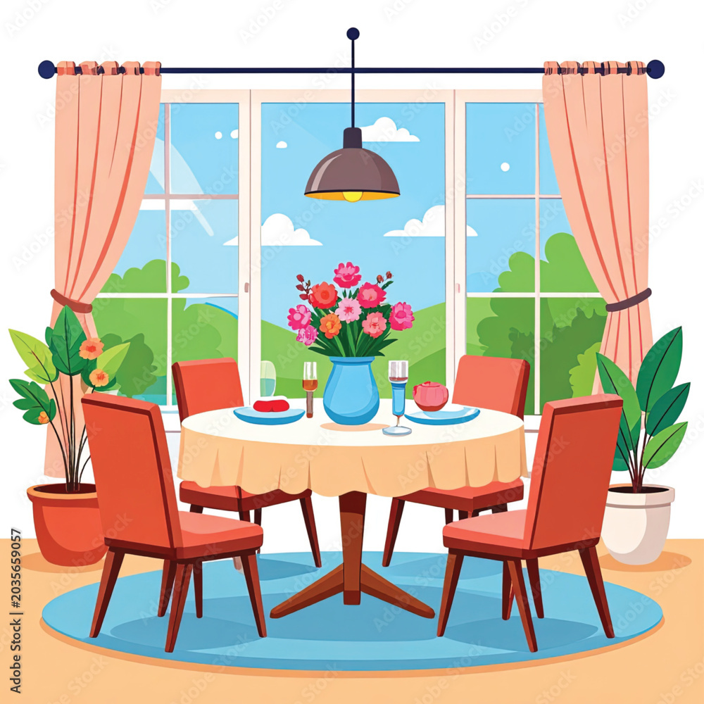 Obraz premium Dining table with four red chairs.