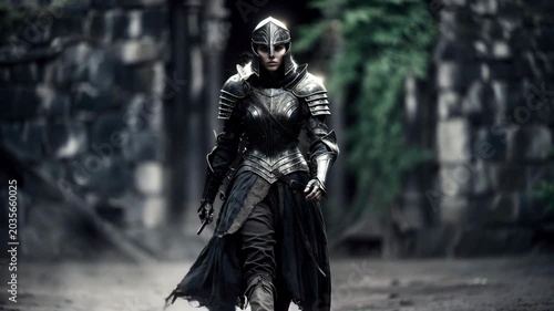 Armored warrior walking forward in dark fantasy style against old stone ruins background, concept of strength and determination