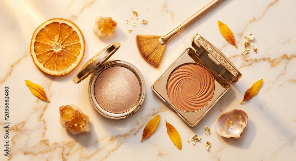 Fototapeta premium Highlighter Bronzer Open Compact with Gold Brush Flat Lay on Marble — Summer Glow Beauty Photography