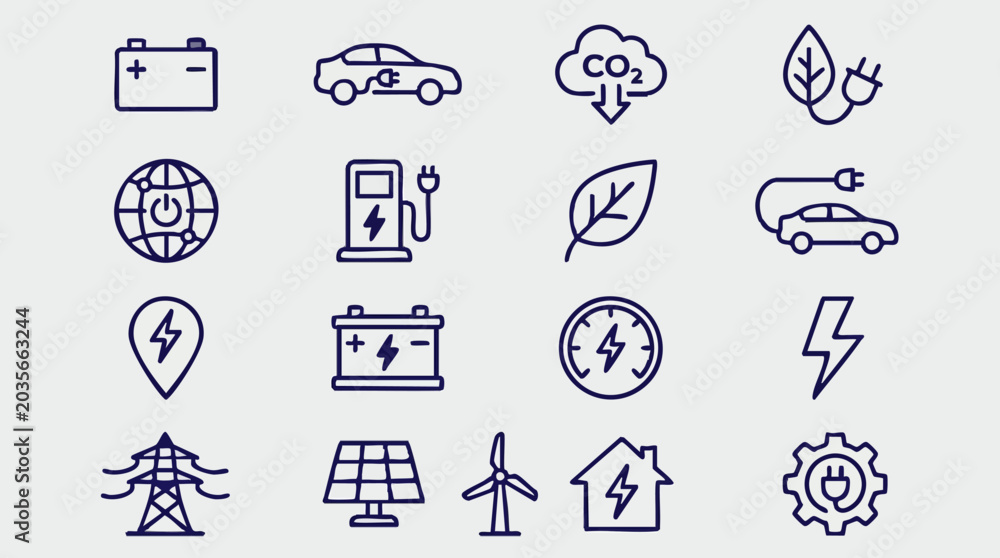 Fototapeta premium Electric Vehicles, Renewable Energy, and Eco-Friendly Line Icons Set