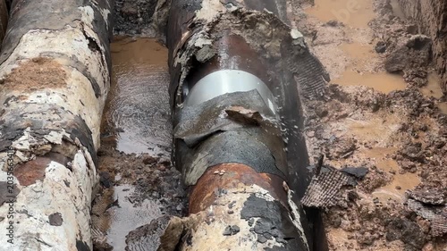 Emergency heating pipe failure with steam and hot water leak in excavation trench