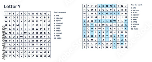 Foto Word seek puzzle sheet, Word search puzzle with letter Y solutions