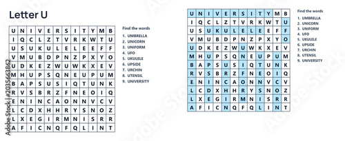 Canvas Print Word seek puzzle sheet, Word search puzzle with letter U words and solution grid