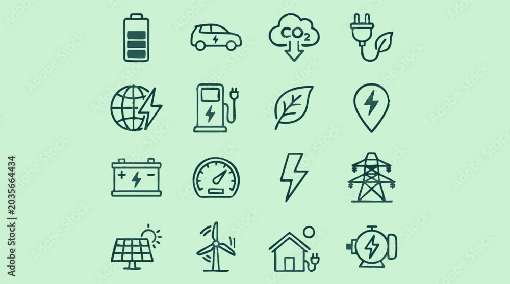 Fototapeta premium Sustainable Energy, Electric Vehicles, and Eco-Friendly Technology Icons