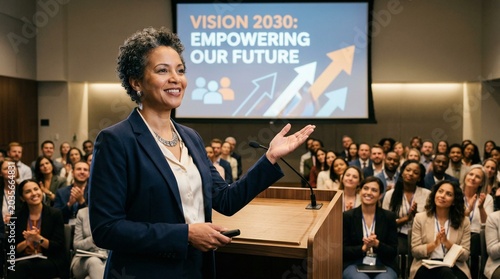 Confident female speaker giving a keynote presentation about Vision 2030 at a large business conference with an audience.