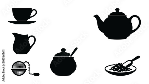 Cuadro en lienzo Black Silhouette Tea Set Icons: Teapot, Cup, Saucer, Creamer, Sugar Bowl, Tea In