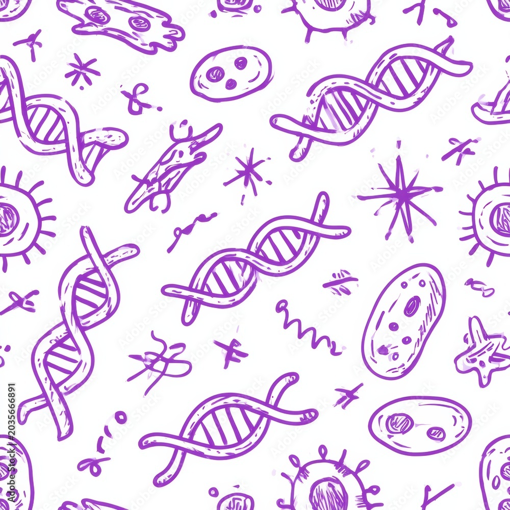Fototapeta premium Pattern consists of hand-drawn dna strands and cell shapes sketched in purple ink on a plain white background for biology notes or lab themes.