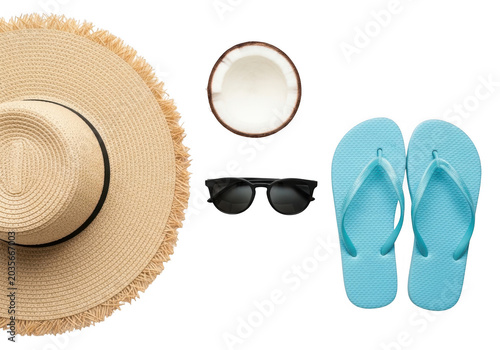 Summer beach accessories flat lay isolated on transparent background