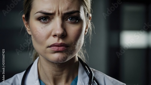 Serious Female Doctor with Stethoscope Displaying Concern in a Hospital Environment