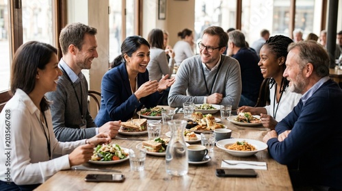 Diverse group of business colleagues laughing and sharing a meal together at a bright city restaurant table.
