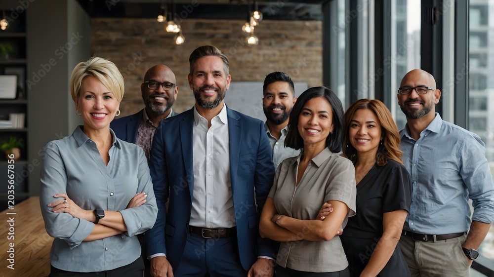 Fototapeta premium Diverse Group of Professionals Smiling Together in a Modern Office Space with Natural Light