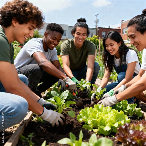 Diverse group of joyful young adults planting vegetables in sunny urban community garden, smiling and collaborating with gardening gloves, tools, and fresh greens in raised beds