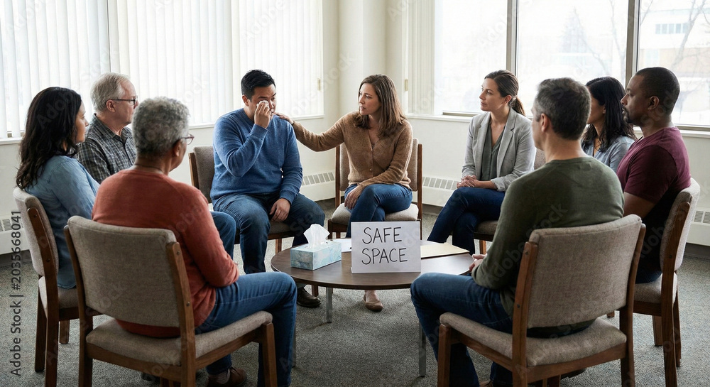 Obraz premium Diverse support group sitting in circle in safe space office sharing emotions and comforting crying man during therapy.