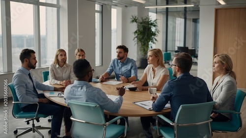 Diverse Team Engaging in Collaborative Business Meeting Around a Round Table in Modern Office