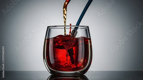 Close-Up of Red Liquid Being Poured into a Glass with Straw, Showcasing Fluid Motion and Texture