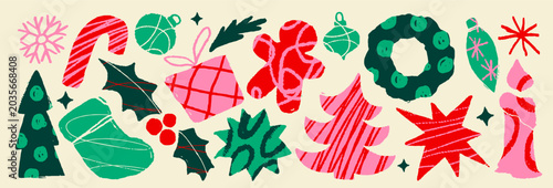 Various colorful Christmas stickers and symbols like trees, gifts, candies, holly and stars in flat graphic style on a light background, conveying holiday celebration mood. Vector illustration