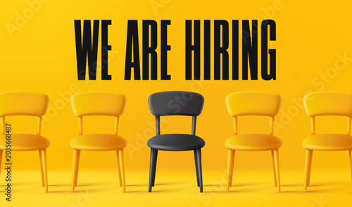 Cuadro en lienzo Chairs arranged with a standout dark one and bold hiring text in a minimalist style on a bright yellow background, symbolizing recruitment