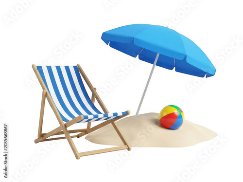 3d render of beach chair, umbrella, and ball on sand isolated on transparent background