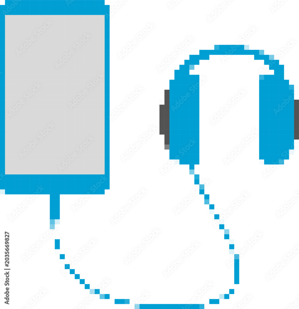 Fototapeta premium Pixel art technology set isolated on transparent background featuring a smartphone and wired headphones.