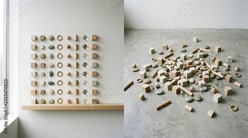 Organized and chaotic arrangements of wooden blocks stones and rings in minimalist interior.