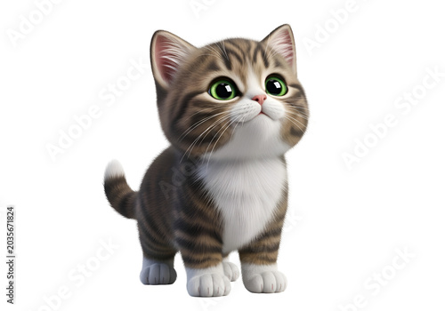 Cute Fluffy Tabby Kitten Standing and Looking Up on white background , Isolated on Transparent Background, PNG, Generative AI