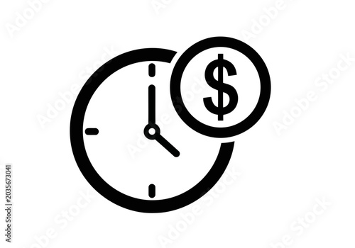 A very unique thick black perfect clock and dollar sign silhouette icon on for time and money concept