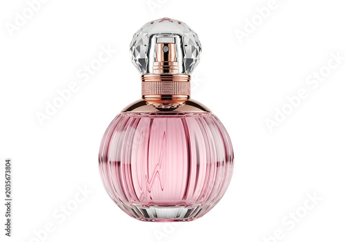 Luxury Pink Perfume Glass Bottle with Crystal Cap on white background , Isolated on Transparent Background, PNG, Generative AI