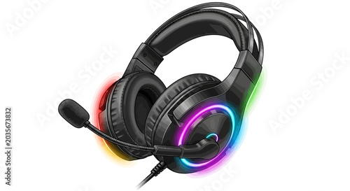 A gaming headset with colorful lights sits on a white surface.