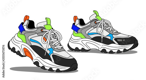 Vibrant sneakers with neon accents on white background in studio