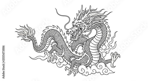A majestic dragon illustration depicts the creature emerging from clouds.