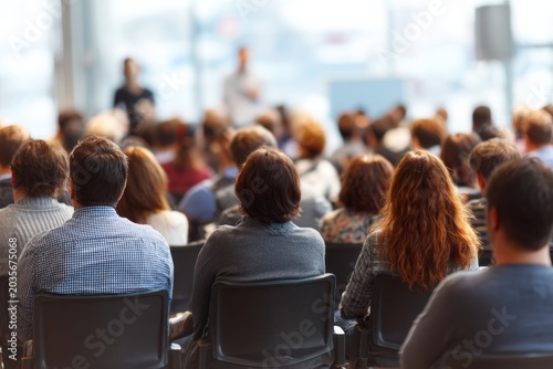 public meeting. parent teacher conference. Rear view of group sitting in chairs at business presentation or workshop watching teacher lecture students. Education training concept, blurred background.