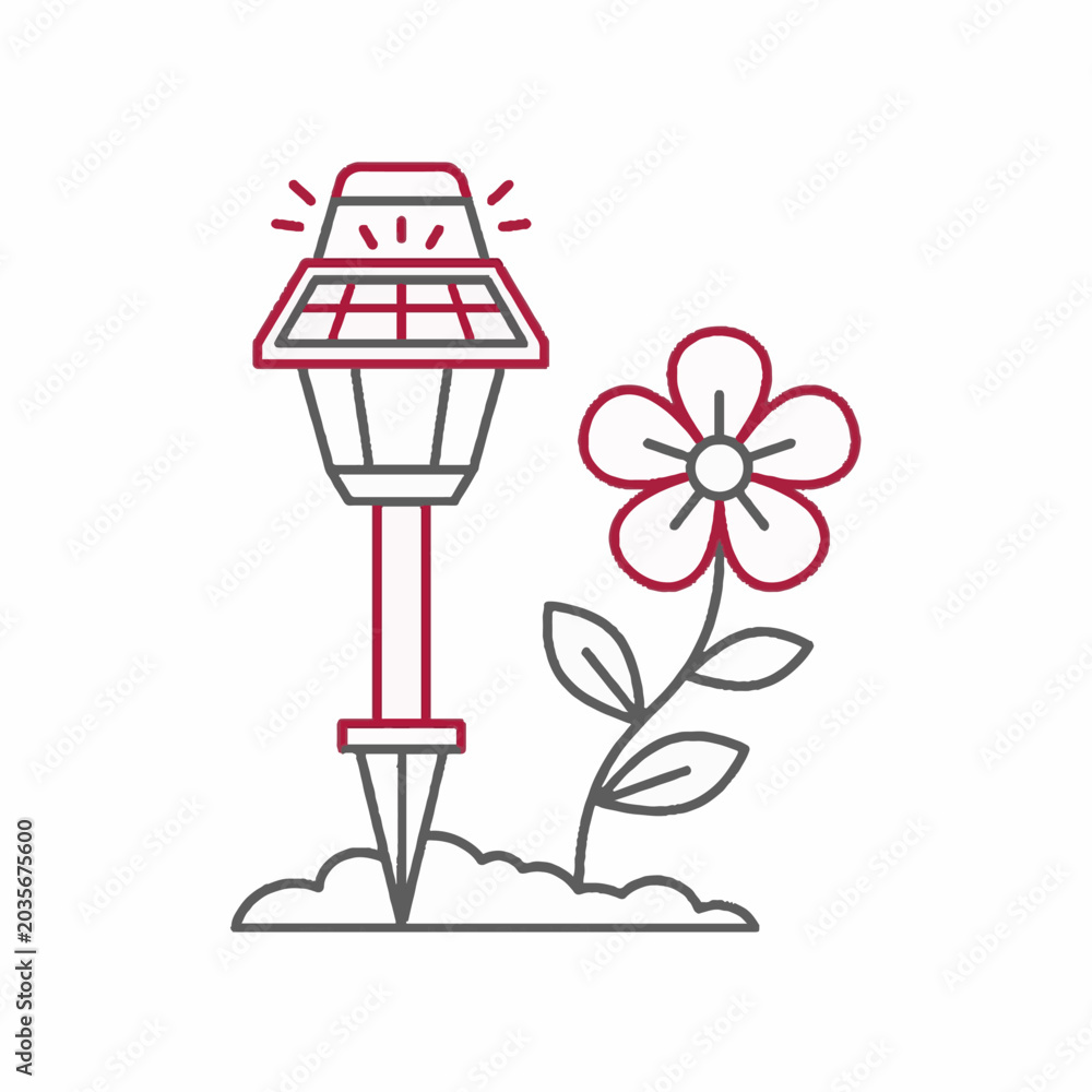 Fototapeta premium Minimalist vector line art illustration depicting a solar powered garden light with light rays next to a blooming flower on a clean white background