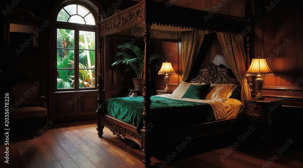 Fototapeta premium Luxurious antique four-poster bed in dark wood paneled room with rich green plants visible through large arched window. Ornate bedside lamps cast warm glow on plush bedding. Classic elegance.