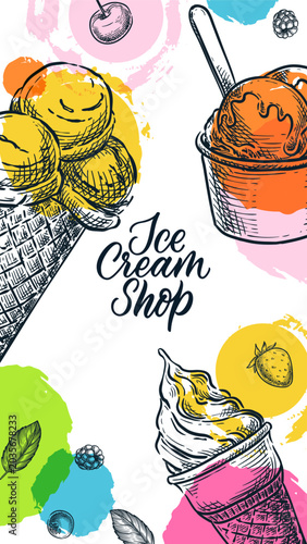 Banner with ice cream and watercolor shapes. Vector sketch for social media story, party flyer, event poster, cafe menu