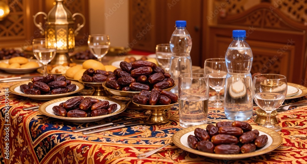 Fototapeta premium Traditional Iftar Table Setting with Dates and Water for Ramadan Feast 