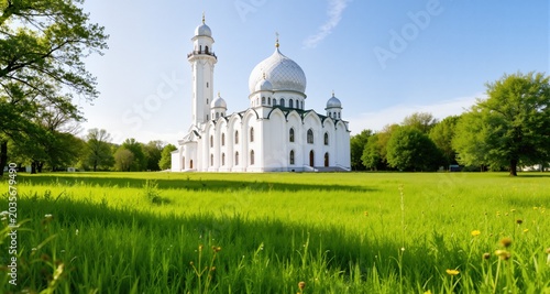 White Mosque in a Lush Green Meadow
