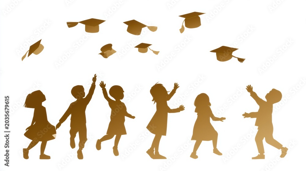 Fototapeta premium Children celebrate graduation by tossing their caps high in the air in a joyful moment of accomplishment and excitement during a sunny day outside.