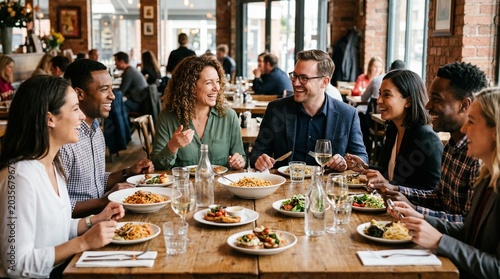 Multiethnic colleagues enjoying a business lunch at a large wooden table in a bright, modern restaurant with various dishes.