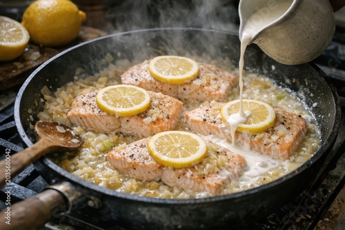 Four salmon fillets with lemon slices cooking in a skillet with cream sauce being poured over them, creating steam on a stovetop.