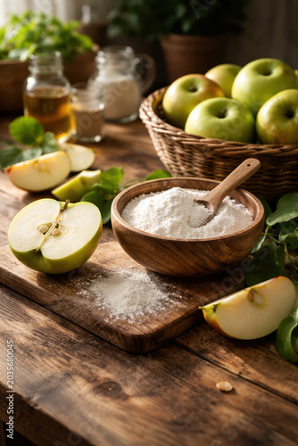 Fresh green apples and white flour in wooden bowl on rustic table with sliced apples, honey, and milk for healthy baking ingredients.