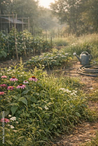 Rustic cottage garden at golden hour with pink echinacea coneflowers, wild herbs, vegetable beds, and a vintage watering can in soft morning mist.