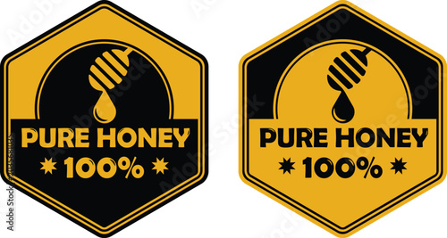100 Percent Pure Honey Hexagonal Vector Badge. Best Authentic Honey Label with Saturated Wooden Honey Spoon. For Icons, Logos, Signs, Symbols, Stickers, Tags, Seals, Stamps, Awards.