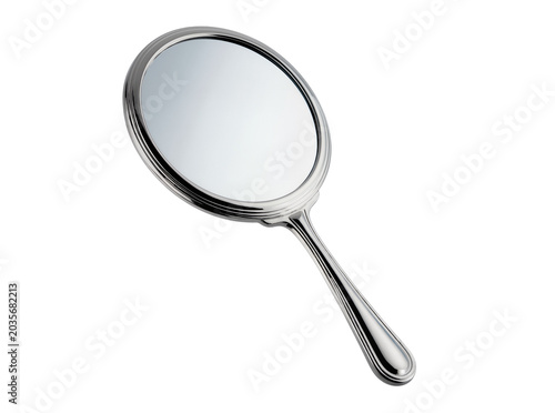 Fotografie Isolated silver elegant vintage hand mirror, classic antique style oval cosmetic