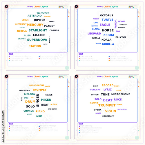 Foto Colorful word cloud with themes of space, animals, and music