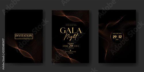 Premium gala night invitation card set with glowing amber silk curves and elegant black luxury background design for VIP celebration, poster, wedding and elite branding use