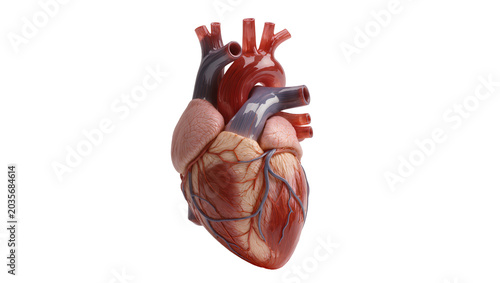 Isolated realistic human heart anatomical model, detailed medical illustration, vital organ symbol