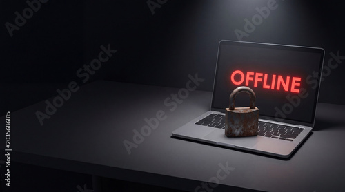 Laptop with offline sign and metal padlock on keyboard. Internet connection failure and restricted access to data. Concept of cyber security, network censorship and server connection error.